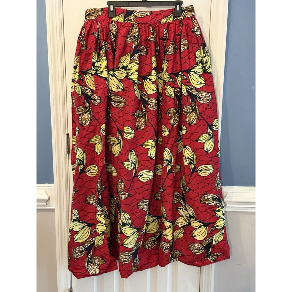 Ofuure Red Bright Floral 100%‎ Cotton Pockets Maxi Skirt Size 2X/3X Zipper Split
